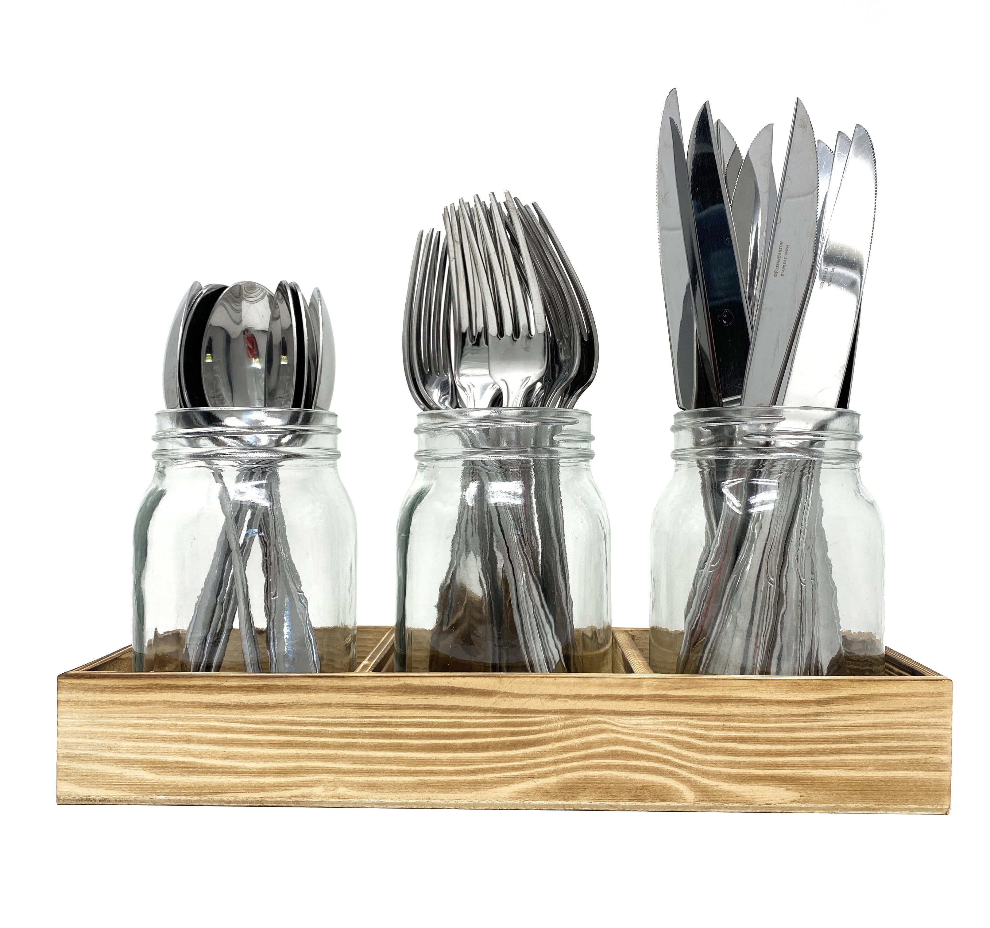 Burnt Brown Wood and Chicken Wire Utensil Holder, Flatware Serving Rack with 3 White Mason Jars