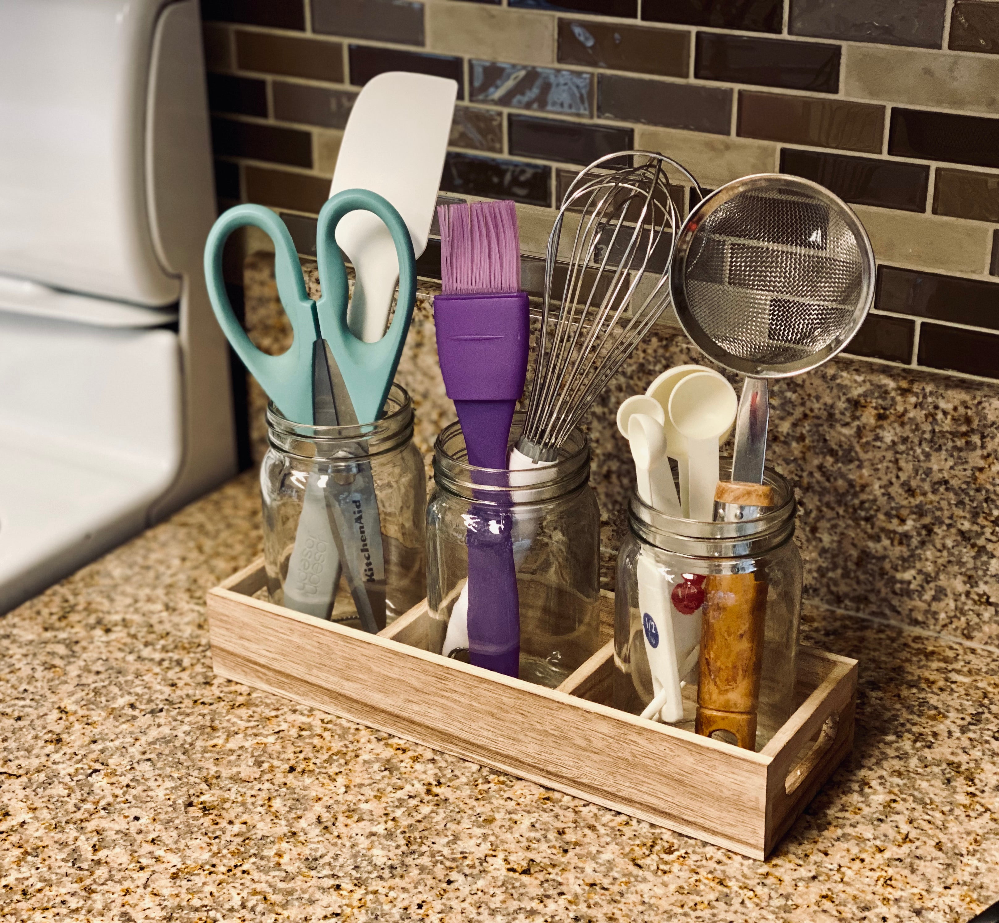 Mason Jar Glass Utensil Holder Flatware Organizer with Wood Caddy Set of 3